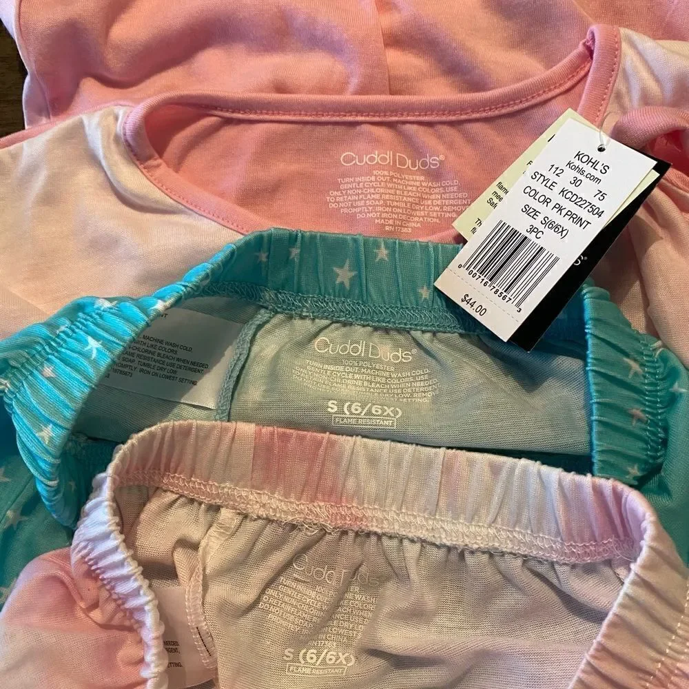 Cuddl Duds Girl’s Small (6/6X) Top, Shorts & Pants Pajama Set